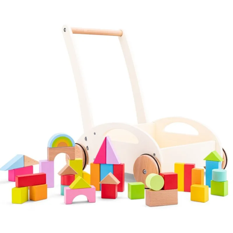 New Classic Toys Carro De Paseo Y Bloques De Madera - ^ Bloques De Construcción